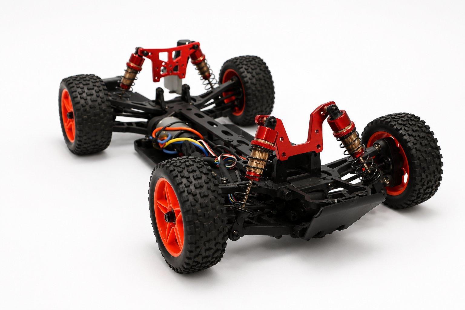The NeoRacer rolling chassis with red oil-filled shocks and off-road wheels