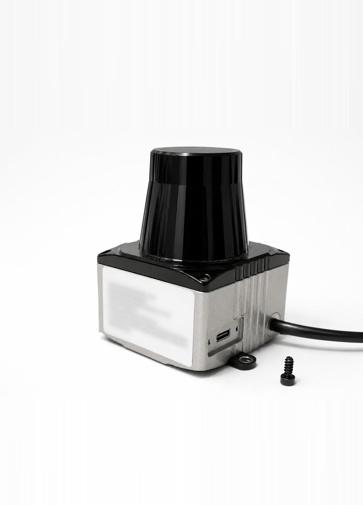 The LakiBeam L1 spinning LiDAR unit with its mounting screw and cable
