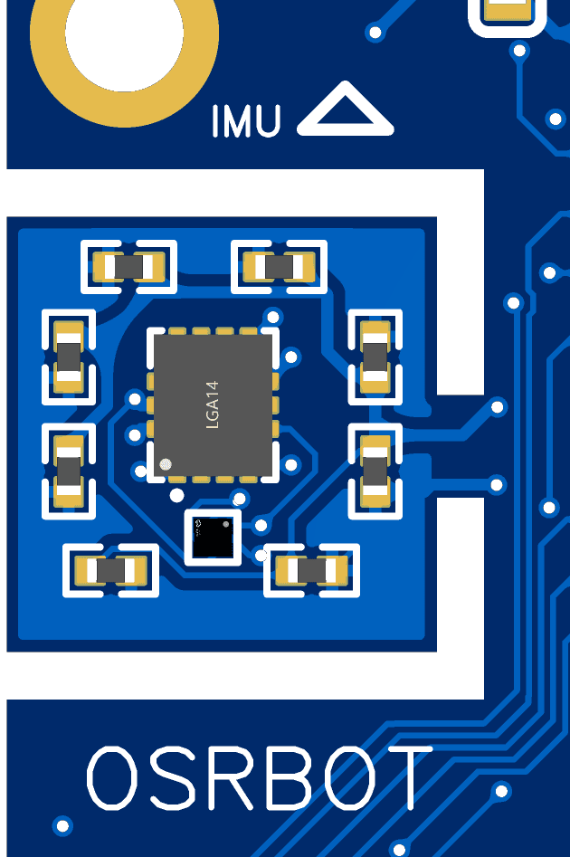 The IMU footprint on the OSCORE board render, labelled IMU with its orientation arrow