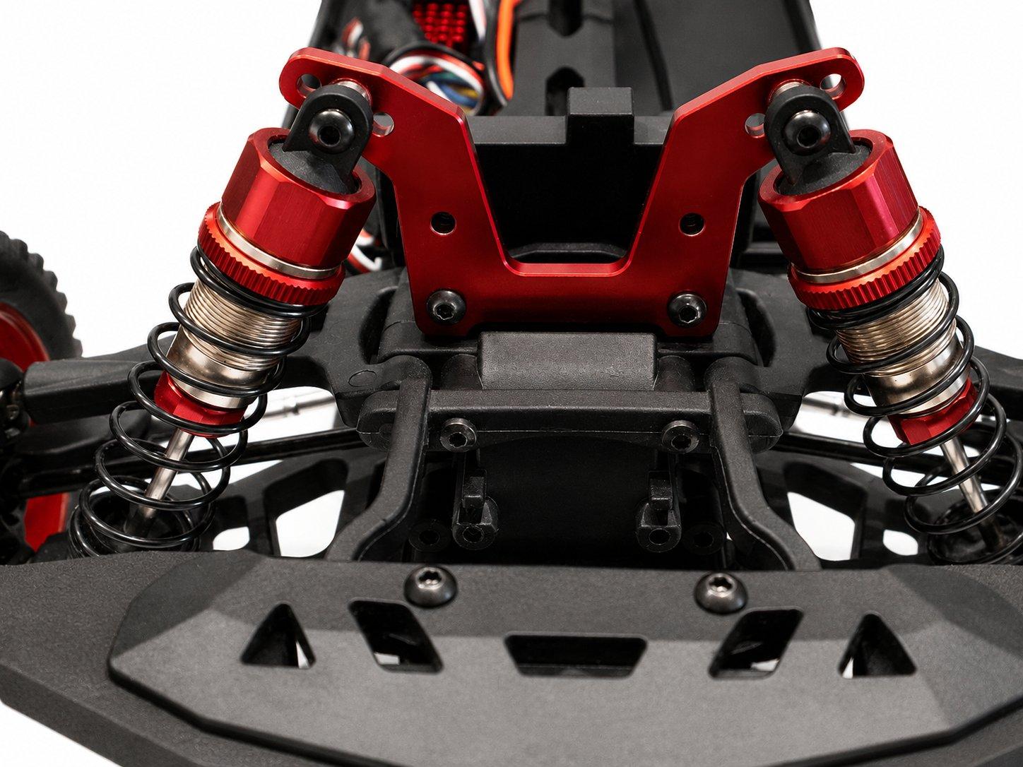 The bare rolling chassis with its rear shock tower and oil-filled shocks