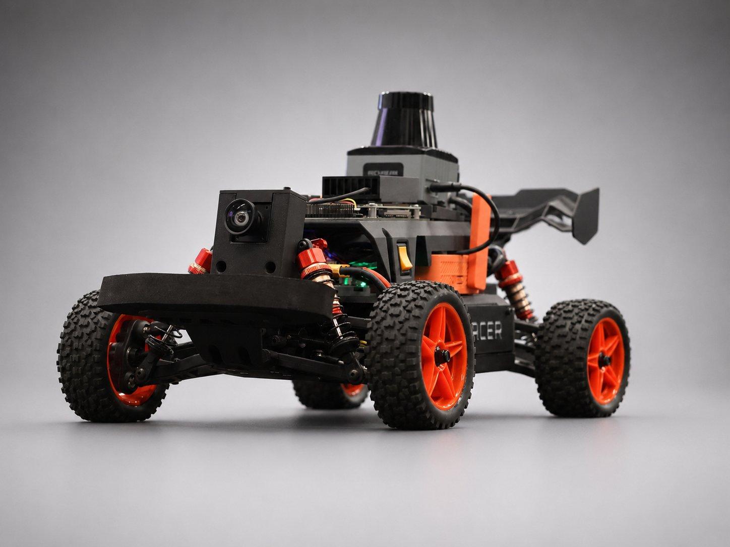 The fully reassembled NeoRacer, low studio angle, with the camera, LiDAR, and rear wing all mounted
