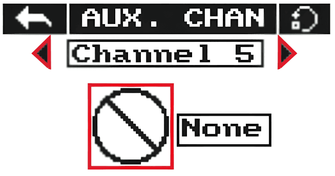 The FS-i6S Aux. channels screen, showing Channel 5 with arrows either side and its control type set to None