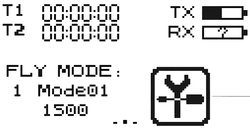 The FS-i6S home screen, showing the two timers, the fly mode, and the TX and RX battery indicators in the top right