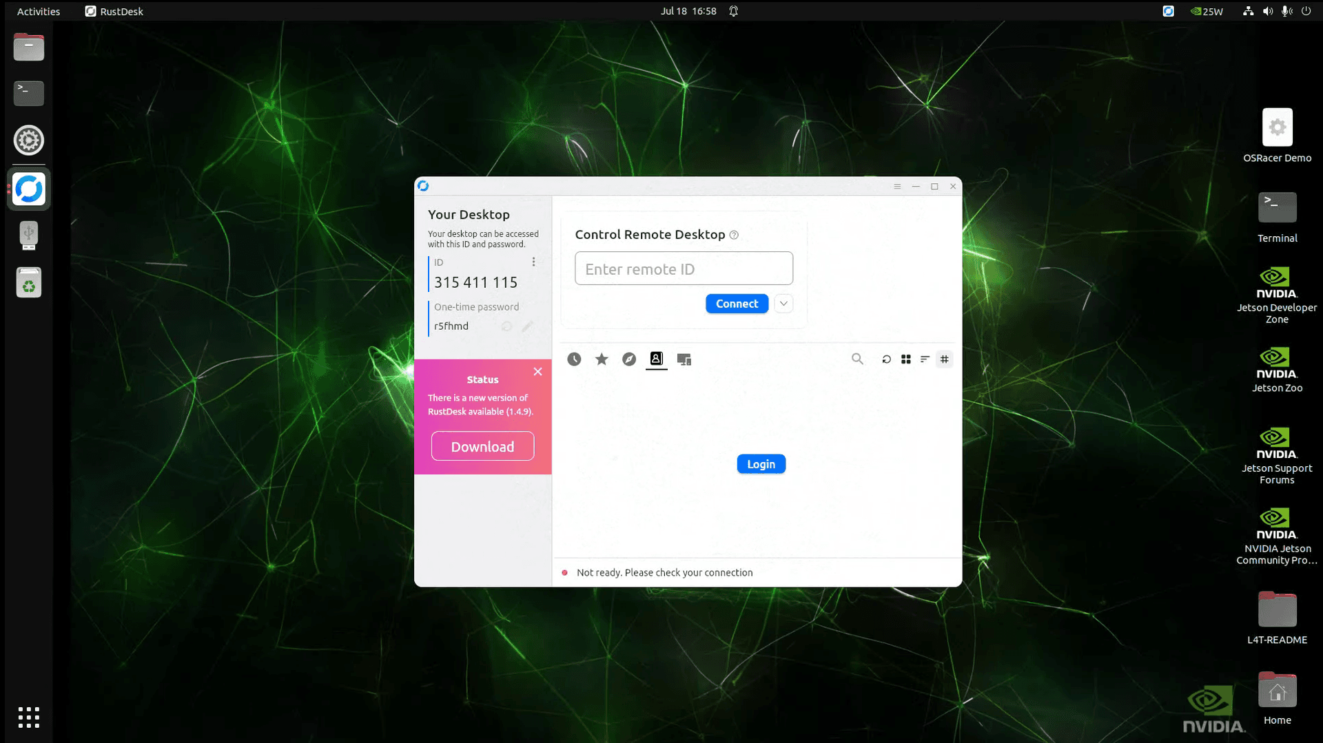 RustDesk main window on the Jetson desktop, showing the Your Desktop ID and one-time password