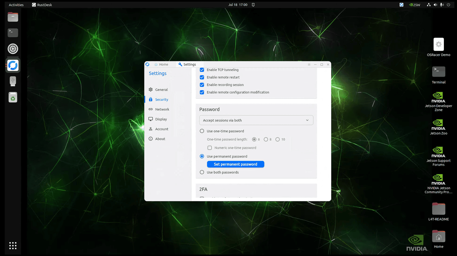 RustDesk Security settings with the Password section: Use permanent password selected, Set permanent password button