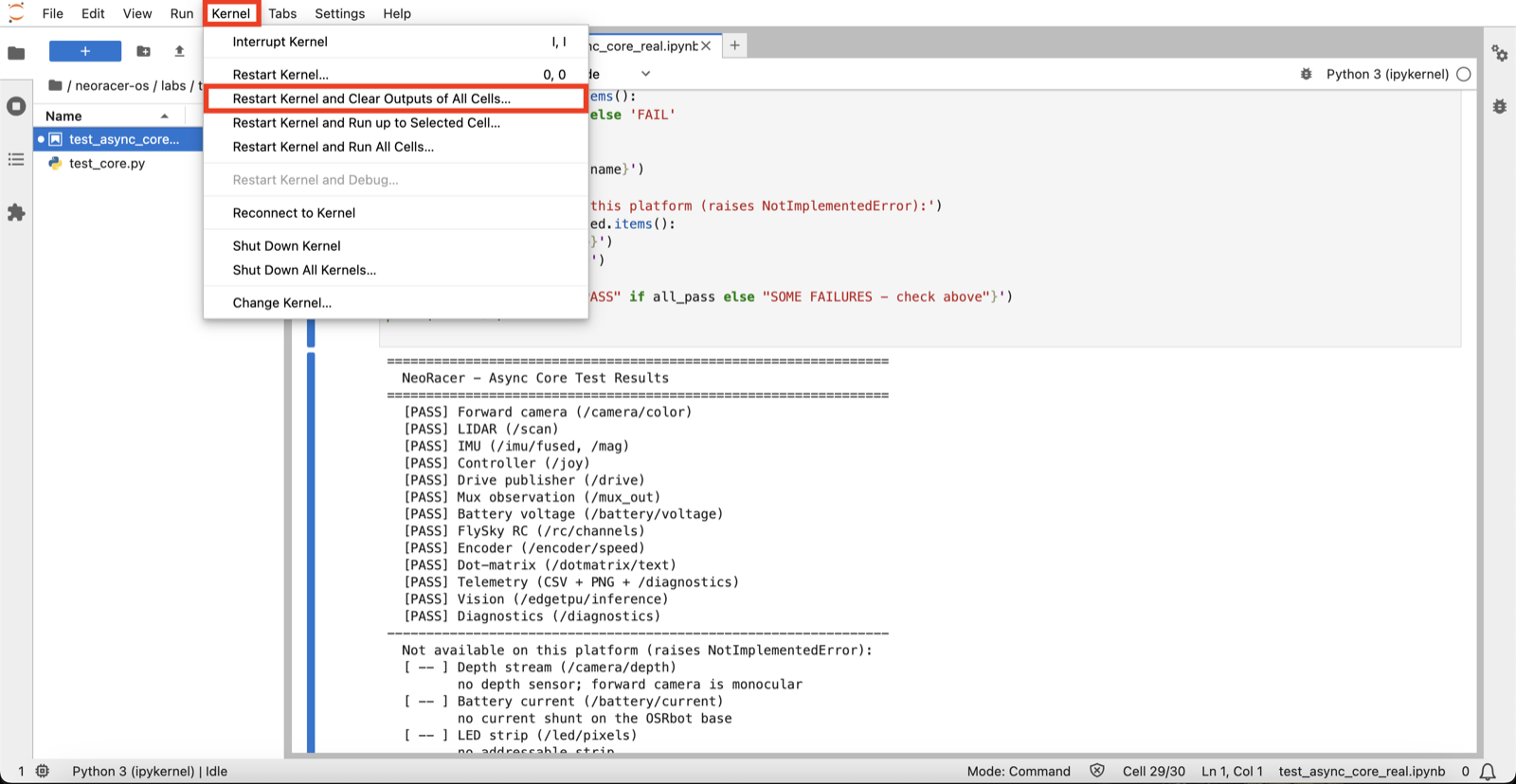 Click to enlarge The Kernel menu with Restart Kernel and Clear Outputs of All Cells highlighted