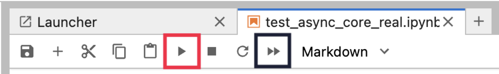 Click to enlarge The notebook toolbar with the run-cell button boxed in red and the restart-and-run-all button boxed in blue