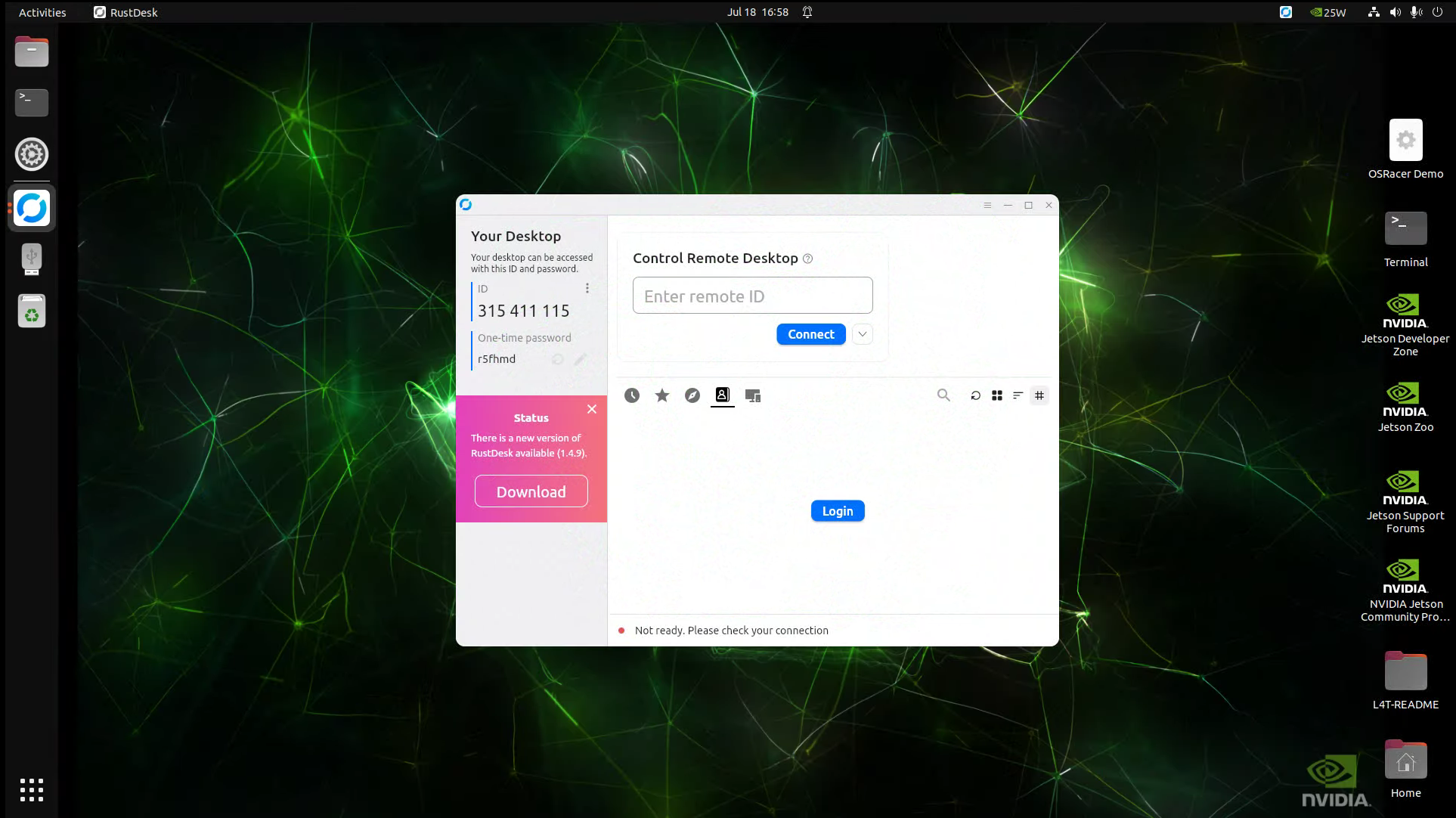 RustDesk main window on the Jetson desktop, showing the Your Desktop ID and one-time password
