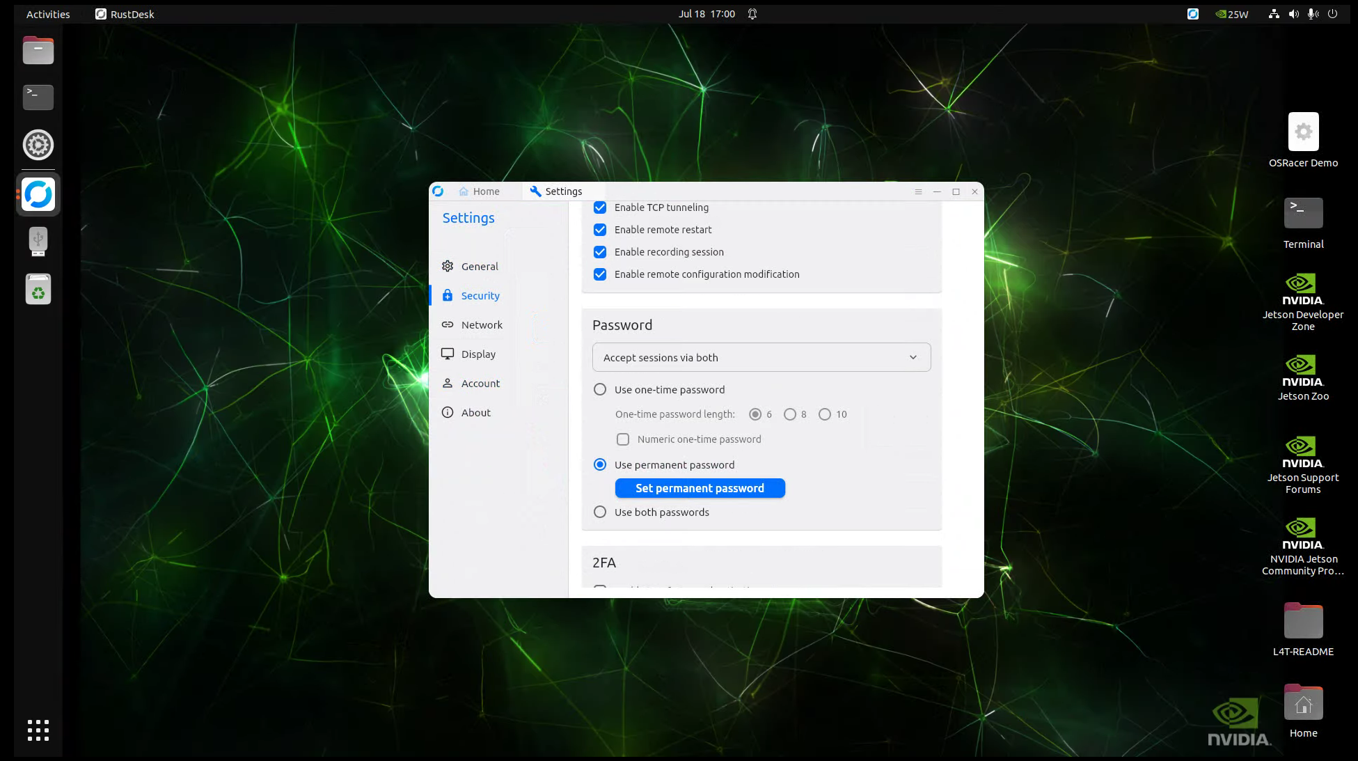 RustDesk Security settings with the Password section: Use permanent password selected, Set permanent password button