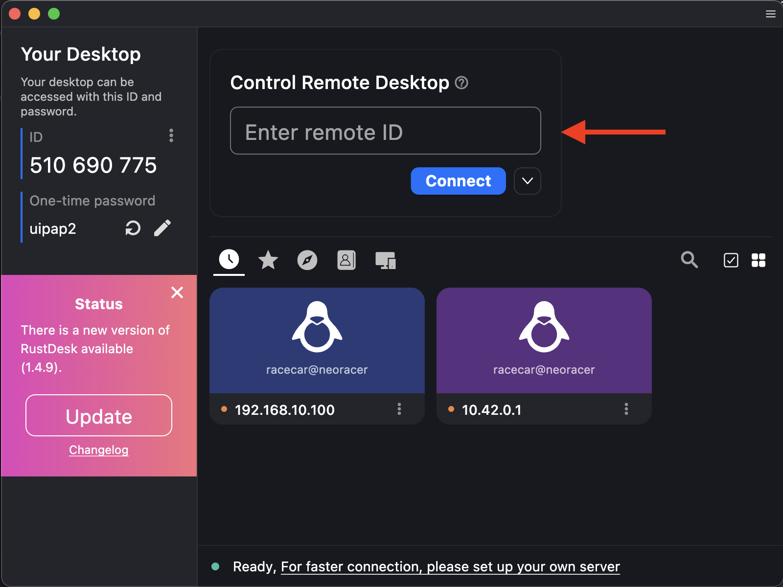 The RustDesk home screen on a laptop, with the field for entering a remote address