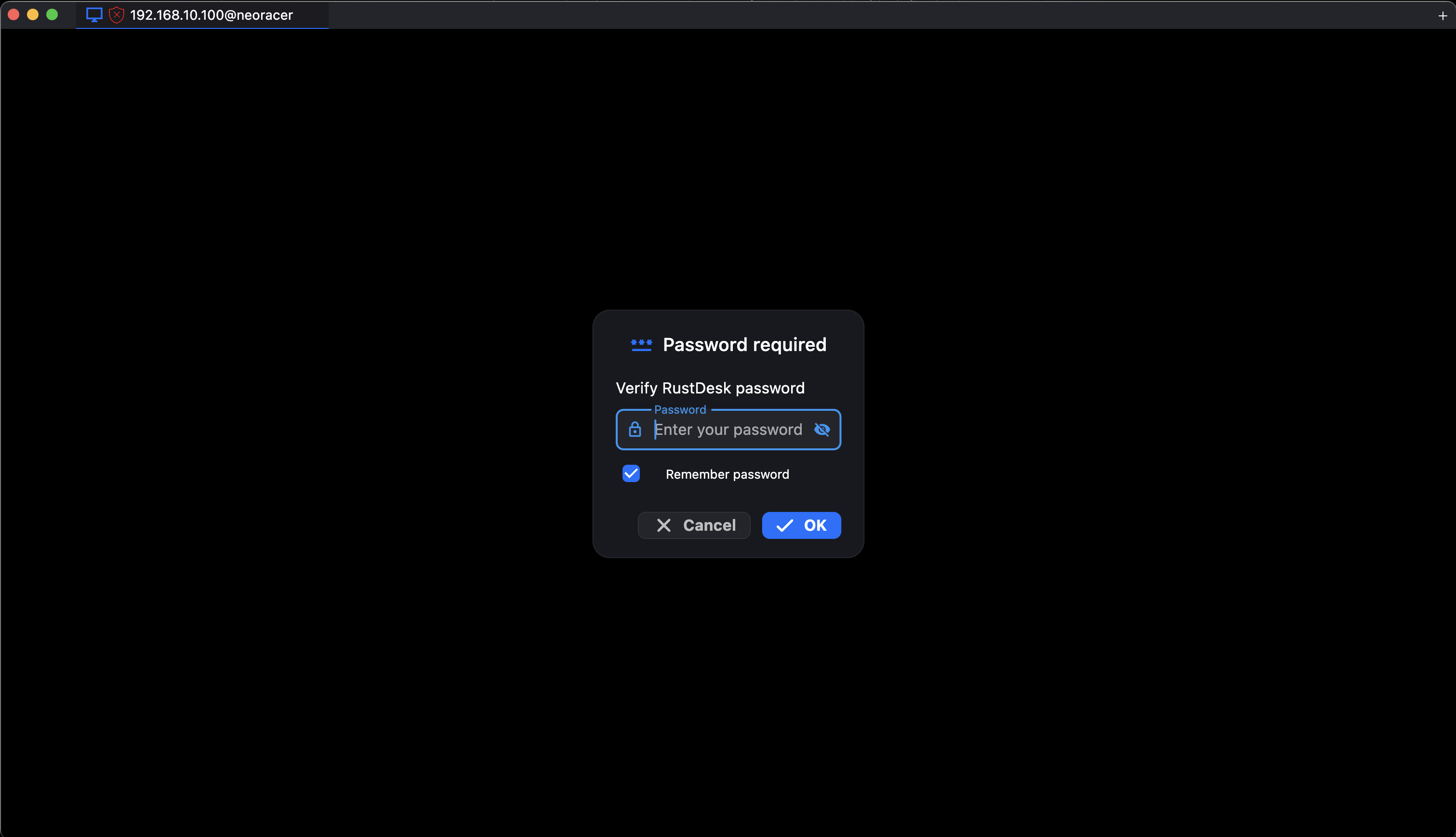 The RustDesk Password required dialog, asking you to verify the RustDesk password before the session opens
